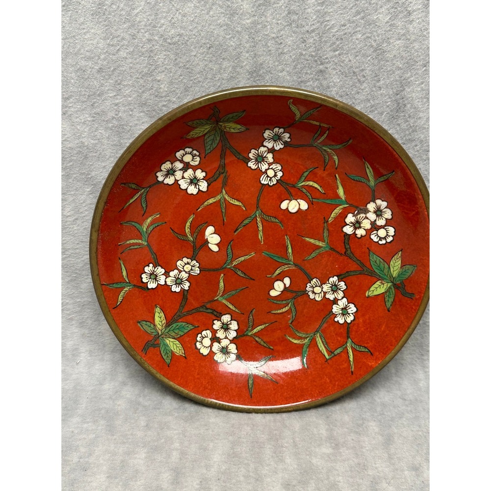 Vintage Cloisonne Enamel & Brass Dish Bowl Red Floral Blossoms Decorative